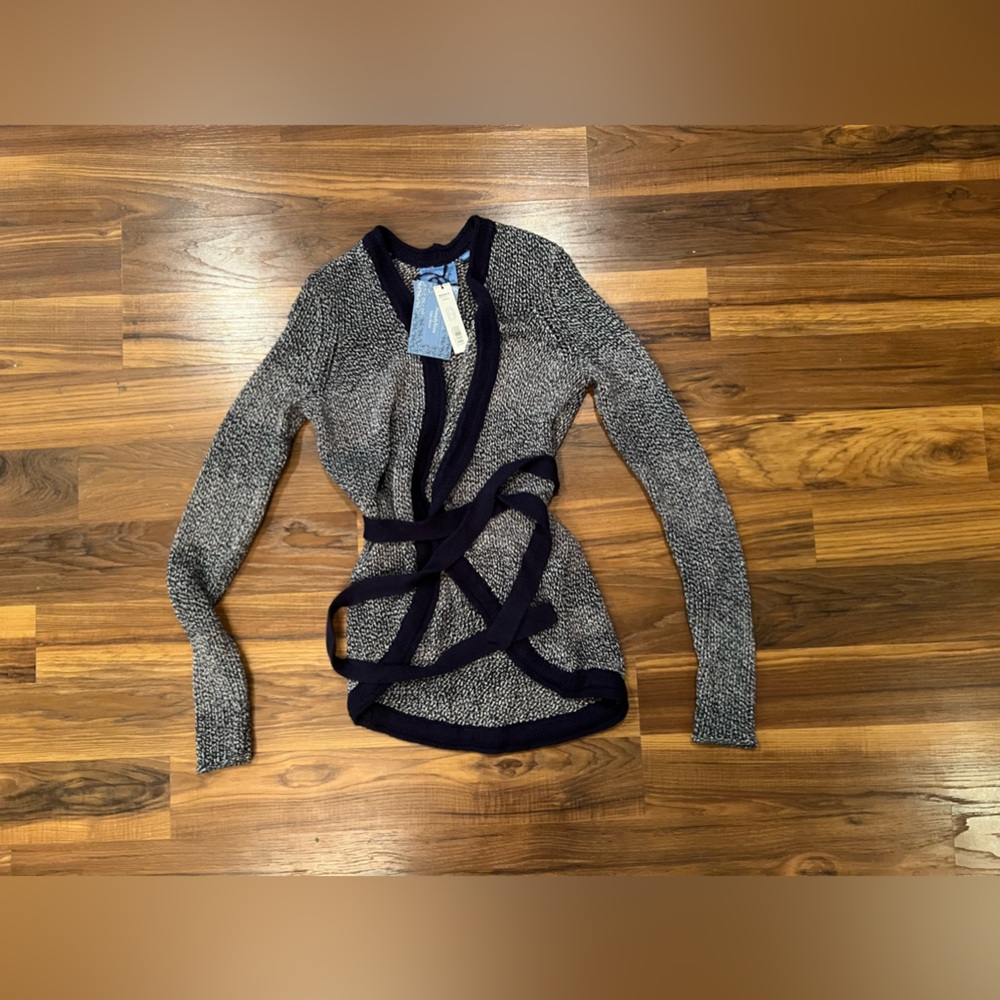 Vera Wang S Open Front Cardigan Slim Belted Navy Blue White Fitted Sleeves